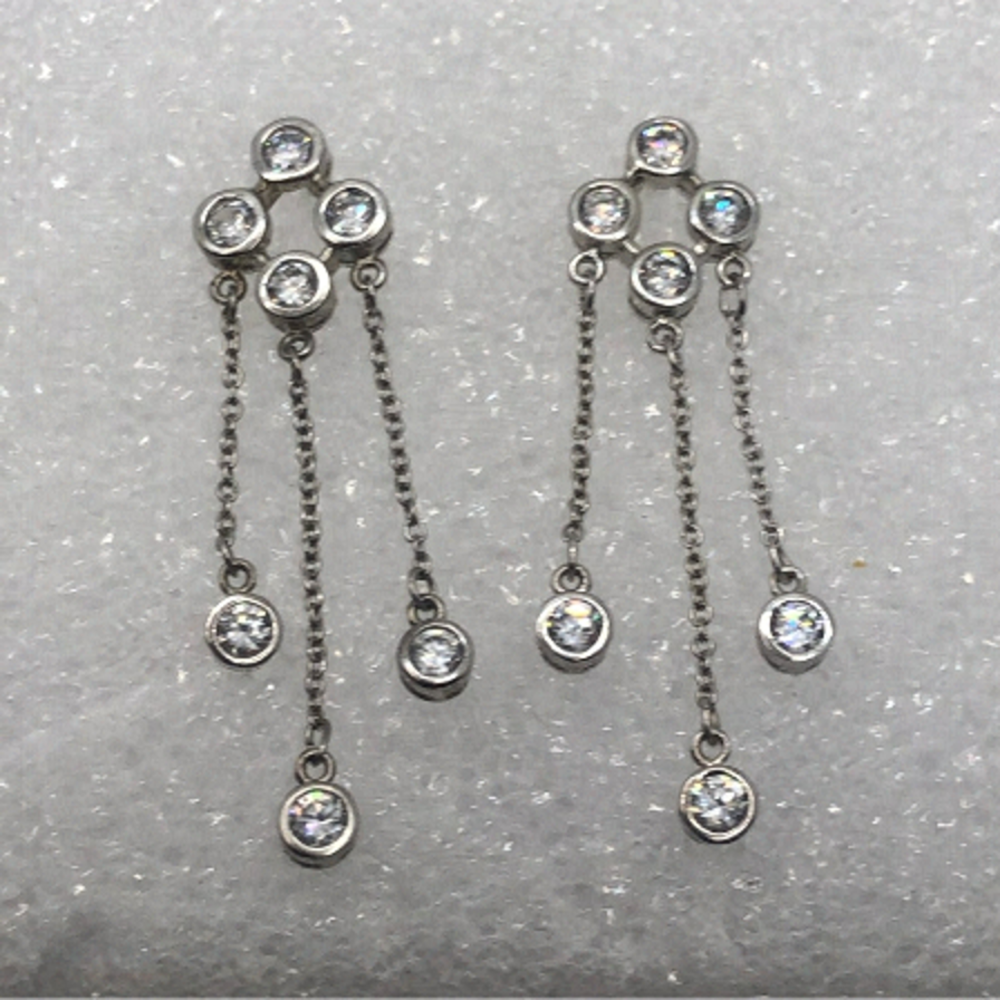 Vtg Sterling Silver CZ Stone Clover Style Design Dangle Stud Earrings